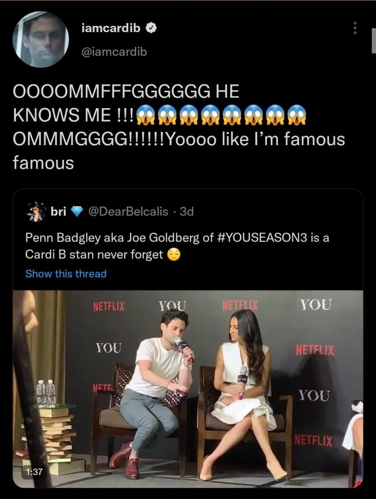 Cardi B ปลื้มพระเอก You ถึงกับเปลี่ยนรูปโปรเป็นหน้า Penn Badgley ...